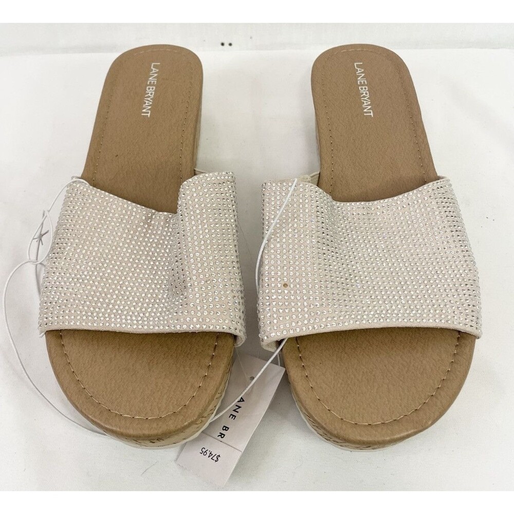 NWT Lane Bryant Sandals Flops Size 10 Rhinestones Beige Open Toe Flat Slip Shoes